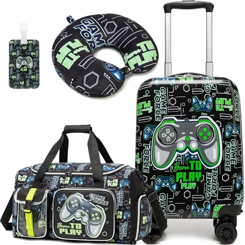 HTgroce Kinderkoffer Kinder, Kindertrolley mit Reisetasche Kinder, Nackenkissen & Gepäckanhänger, Handgepäck Rollkoffer für Jungen Suitcases