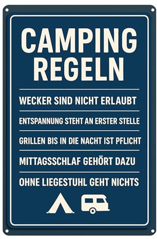 AstraDesign Blechschild „Camping Regeln“ 20x30 cm, Blau/Weiß – witziges Metallschild im Retro-Stil für Camper & Vanlife-Fans – mit vorgebohrten Löchern – Campingplatz-Deko