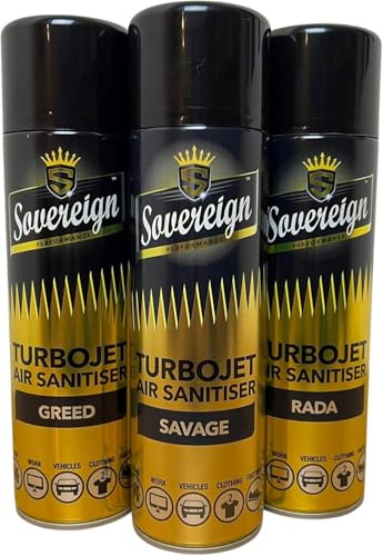 CD Sovereign Aerosols 3-Pack Designer Fragrance Turbojet Air Sanitiser & Freshener Spray 500 ml – Savage, Greed, RADA – Odour Neutraliser for Car, Home, Office & Gym