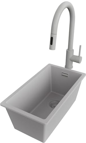 PRIMAGRAN Unterbauspüle Granit Grau 26x47cm, Spülbecken 1 Becken + Küchenarmatur 40x20cm + Ablauf-Set, Granitspüle ab 30er Unterschrank - London