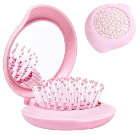 Muorruo Reisehaarbürste mit Spiegel für Handtasche/Rucksack, faltbare Mini-Haarbürste und niedliches tragbares Schminkspiegel-Set, Mini-Klappbürsten, Geschenke für Mädchen (Rosa)