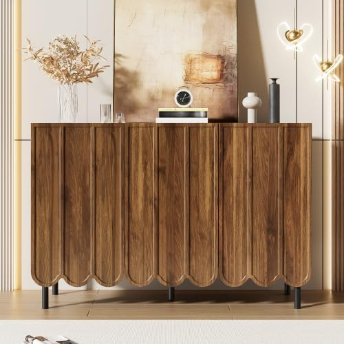 vutizal Aufbewahrungsschrank mit Wellentüren – Grifflose Sideboard Kommode mit verstellbaren Füßen, moderner Büfettschrank für Wohnzimmer & Flur, 120×35×80 cm, Walnuss