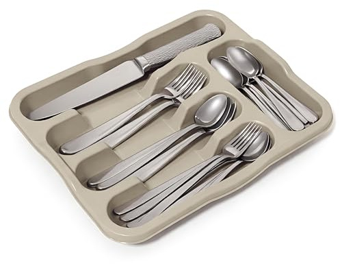 DIVCHI 5 Compartment Cutlery Tray Compact Storage Divider for Kitchen Drawers Plastic Cutlery Organiser Insert with Anti-Slip Base, Utensil Holder for Knives Forks Spoons, Durable Easy Clean (Cream)
