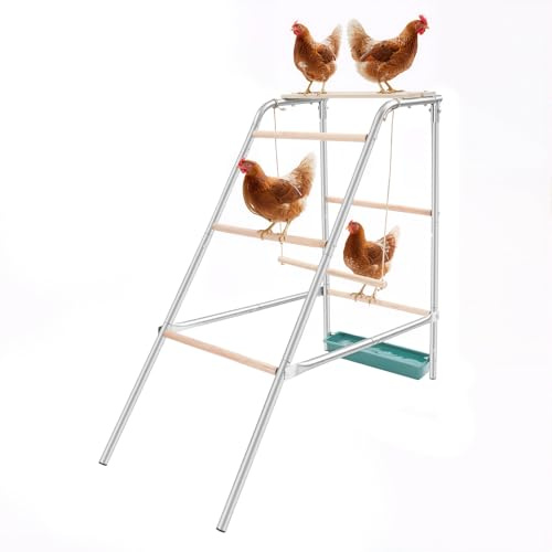 Multifunktionell kycklingstång av eukalyptusträ och järn, robust klätterställning med gunga och vattenskål, kycklinggunga, sittstänger i metall för kycklingankor, fåglar 110 x 49 x 100 cm