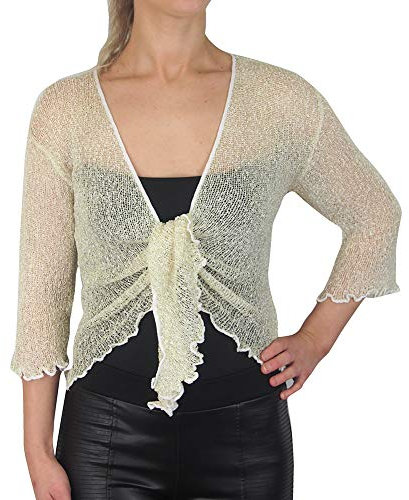 Mimosa Ladies Crochet Shrug Bolero Glitter or Plain Super Stretchy Lace Fish Net Tie at Waist Bolero Open Cardigan Fits UK 6-28 White/Gold