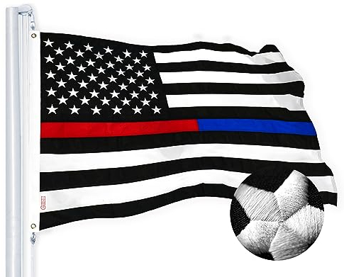 G128 - Thin Blue Line Police & Thin Red Line Feuerwehrmann Heavy Duty 220 g/m² Tough Spun Polyester Embroidered 3x5ft US American Flag Brass Grommets Honoring Law Enforcement Officers First Responder