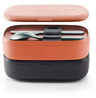 Lékué - Pack Recipiente hermético para Alimentos (Lunchbox to go) + Juego de Cubiertos para Llevar,Recipiente,Coral y Plata