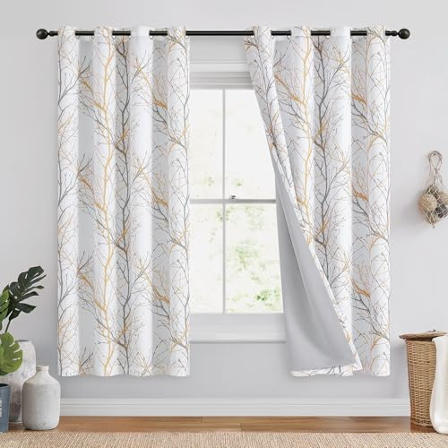 FMFUNCTEX 100% Verdunkelungsvorhänge, gelb-weiß, Baumvorhang, Vorhänge für Schlafzimmer, Zweig, Geteilte Vorhänge, 160 cm Länge, für Wohnzimmer, Raumverdunkelung, wärmeisolierte Vorhänge, Ösen Oben,