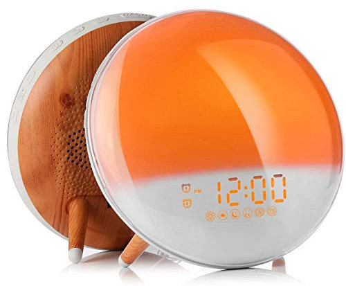 Fitfirst Despertador Luz Wake Up Light con Alarmas Duales de Simulación de Amanecer/Atardecer Reloj de Alarma, Radio FM & 7 Sonido Natural, Lámpara de Atmósfera de 7 Colores para Niños, Adultos