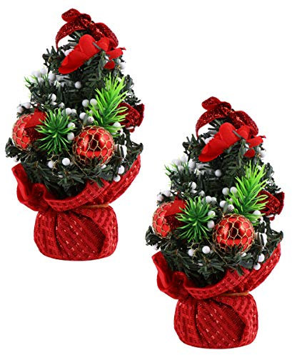 Cabilock 2 Stück Tischplatte Mini Weihnachtsbaum mit Weihnachtskugel Bowknot Beeren Dekoration Ornamente 20Cm Rot