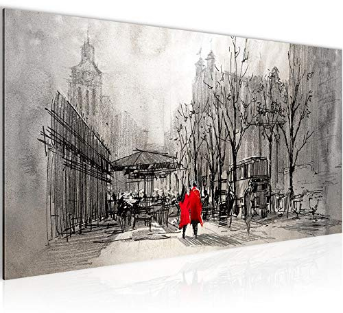 Runa Art Wandbild London 1 Teilig 100 x 40 cm Modern Bild auf Vlies Leinwand Abstrakt Wohnzimmer Schlafzimmer Grau Rot 009712c