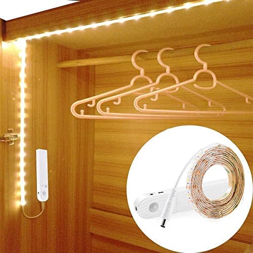 OriFiil Motion Sensor Wardrobe Light, Flexible 2M LED Strip, Battery Operated Warm White with Timer for Closet, Cupboard, Under Cabinet, Stairs, Drawer, Bed Night Lighting