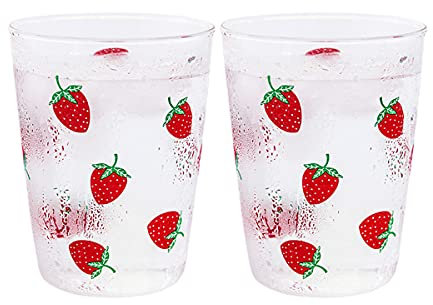 Sizikato - Set di 2 bicchieri in vetro trasparente, 325 ml, motivo fragola