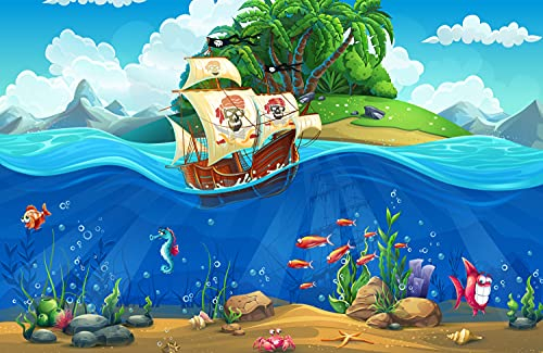 PIRATENSCHIFFE Fototapete VLIES-350x260 cm (4898A)-Piraten Fische Meer Karibik Kinder-Zimmer Wandtapete-Inkl. Kleister-Vliestapete Bild Dekoration Wand-Dekor Moderne Motiv-Tapete Panorama Poster XXL