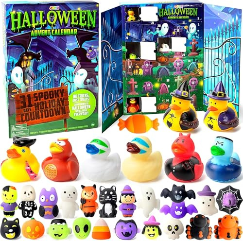 JOYIN Halloween 2022 Adventskalender mit 31 Tage Geschenke mit Überraschungs-Mochi und Gummienten, Halloween Countdown Kalender mit sensorischen Spielzeugen für Halloween Party