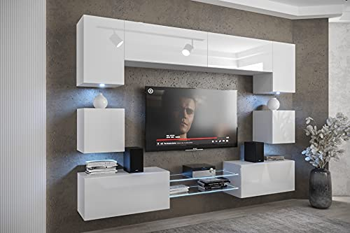 Furnitech Wohnwand Wohnzimmer - Wohnzimmer Möbel mit LED Weiß - Hängend Wohnwand Modern - Wohnzimmer Schrankwand mit Regale und TV Schrank (Nowara ANX1-17W-HG21-1A)