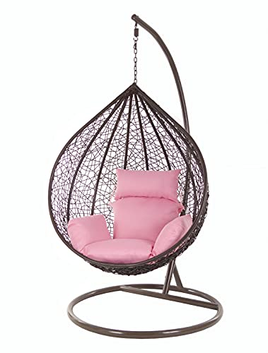 Kideo Korbsessel: großer Hängesessel mit Gestell & Kissen, XXL, Korbsessel, Poly-Rattan, (Korb & Gestell: Dunkelbraun, Kissen: rosa Nest (3002_Lemonade))