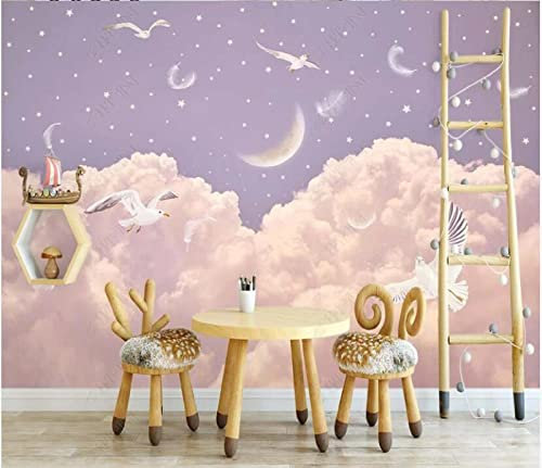 Wallpaper 3D Purple Starry Sky Pink Clouds Creative Feather Bird Photo Wallpaper Wall Paper Mural Poster 200x140cm