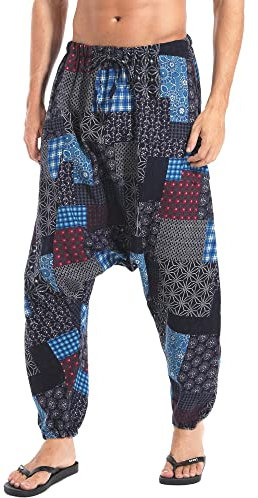 AITFINEISM Men's Drawstring Casual Hippie Harem Pants Loose Drop Crotch Trousers (L, Style 1)