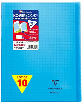 Clairefontaine 981602C Un Lot de 10 Cahiers Agrafés Koverbook Bleus - 24x32 cm - 96 Pages Petits Carreaux avec Marge - Papier Blanc 90 g - Couverture Polypro