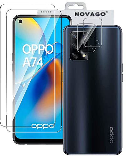 NOVAGO compatible avec Oppo A74(4G)- Pack de 4 films en verre trempé résistant anti choc et anti explosion (deux pour écran et deux pour objectif)