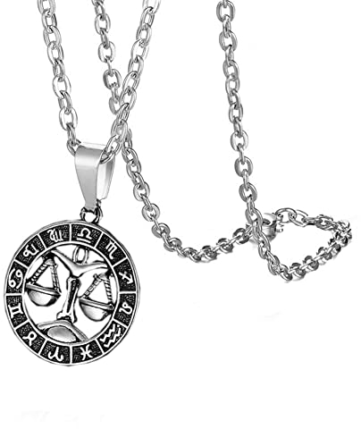 PAURO Herren Edelstahl Vintage Kreative 12 Konstellationen Runde Siegel Zodiac Halskette Silber Schwarz Waage