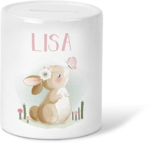 GRAVURZEILE Spardose für Kinder - Hasen Design - mit Namen personalisiert - Geschenk für Jungen & Mädchen zum Geburtstag Kommunion Geburt Einschulung Weihnachten - Geschenk für Kinder zum sparen