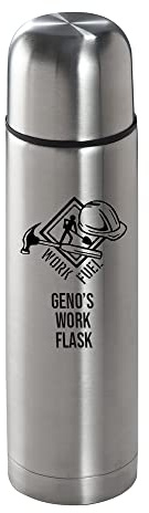 Personalised Brushed Steel Insulated 500ml Thermo Vacuum Flask with Work Fuel Design - Engraved with Any Name, Text or Message - Gift for Father's Day, Birthdays, Mother's Day, workmate