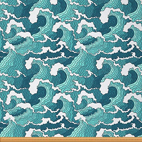Meereswellen Stoff Meterware Japanischer Hokusai Stil Möbelstoff für Stühle Nautisch Exotisch Meereswelle Dekorativer wasserdichter Outdoor Stoff 184x160cm Blaugrün