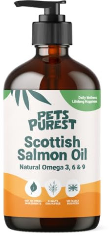 Pets Purest Scottish Salmon Oil For Dogs, Cats, Horse, Ferret & Pet - Pure Omega 3, 6 & 9 Fish Oil Food Treats Supplement for Natural Coat, Immune Support, Itchy Skin, Joint & Brain Health (300ml)
