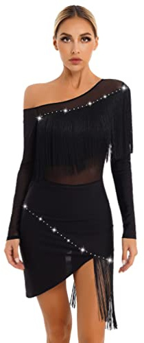 Vestido Flecos Baile Latino Mujer Manga Larga Vestido Baile de Salón | Maillot de Baile Detalles con Pedrerías para Danza Latina, Samba, Cha Cha, Rumba, Bachata, Competencia y Ensayo de Baile