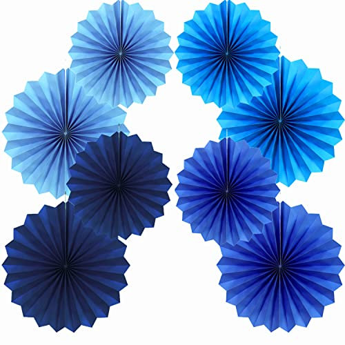 We Moment Zone Party Hanging Paper Fans Set, Blue 40.6CM(16in) and 30.4CM(12in) Round Pattern Paper Garlands Decoration for Birthday Wedding Graduation Events Accessories,Set of 8