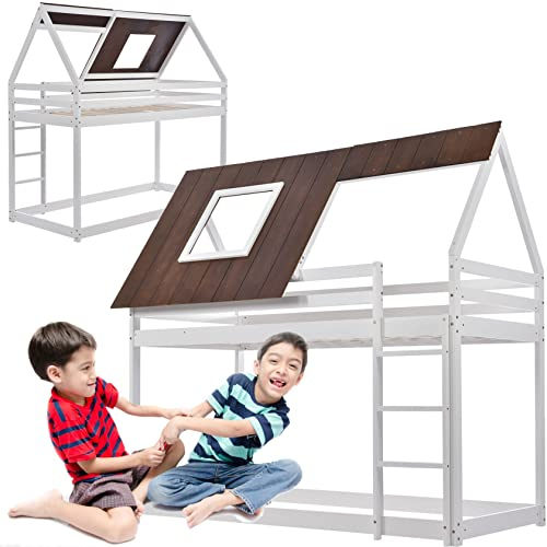 HUMNZR Hausbett, Etagenbett mit rechtwinkliger Leiter, Kinderbett, mit Fallschutz und Zäune, Rahmen aus Kiefernholz, braunes Dach, weißes Bett (200x90cm)