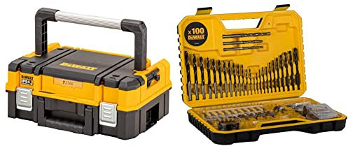 DEWALT, Black and Yellow TSTAK 2.0 Shallow Toolbox with Long Handle & COMBINATION DRILL BIT SET 100 PIECE SET DT71563-QZ, Black