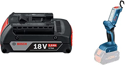 Bosch Accessories Batterie coulissante 2607336906 Chargeur Noir 18 V 2 Ah & Bosch Professional 06014A1100 Lampe sans-Fil GLI 18 V-300 (18 V, Flux Lumineux : 300 Lumen, Boîte en Carton) Bleu 1