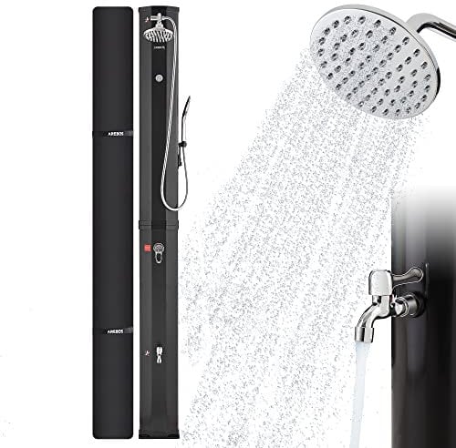 AREBOS Solar Shower 60 L | con doccetta e termometro | Temperatura dell'Acqua Fino a 60°C Doccia da Campeggio per Piscina | Soffione Rotondo | Tecnologia a Scatto | Coperchio Incluso | Nero