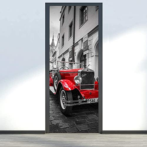 Rotes Retro-Auto Türaufkleber Türtapete Selbstklebend 3D Türposter Fototapete Türfolie Poster 90 X 200 Cm Wasserdichte Abnehmbare Türtapete Innentür Schlafzimmer Küche Bad Home Deko