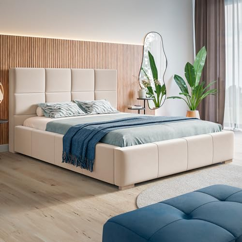 MOTIVENA Luna Bett 180x200, Polsterbett 180x200, mit Bettkasten, mit Stauraum, mit Lattenrost, mit Kopfteil, ohne Matratze, Samt, Beige (Creme)