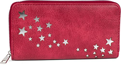 styleBREAKER Damen Portemonnaie mit Metallic Stern Cut-Outs, Reißverschluss, Geldbörse 02040115, Farbe:Weinrot