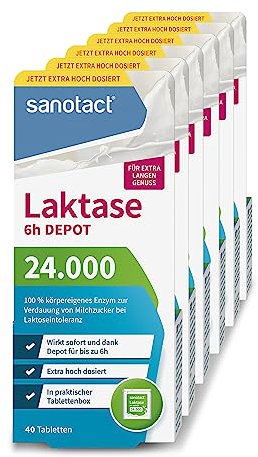sanotact Laktase 24.000 6h DEPOT (6 x 40 Laktasetabletten) • Laktose Tabletten mit Depot-Wirkung • Bei Laktoseintoleranz & Milchunverträglichkeit • Sofortwirkung & 6h Langzeit-Depot