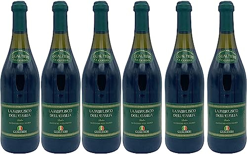 Lambrusco Gualtieri Rosso süß 6x 0,75l Dell Emilia | Roter Perlwein aus Italien | 7,5% Vol.| + 20ml Jassas Olivenöl