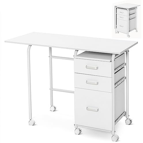 COSTWAY Folding Computer Desk, 2-In-1 Mobile PC Laptop Table with Rolling Wheels and 3 Drawers, Space Saving Home Office Workstation Study Writing Desk, 105x50x75cm (White)
