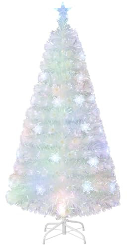COSTWAY Albero di Natale Pre-illuminato in Fibra Ottica da 120/150/180cm, Albero di Natale Bianco con Foglie Iridescenti, Luci a LED a Fiocco di Neve Multicolore, Luce Superiore a Stella (150 CM)