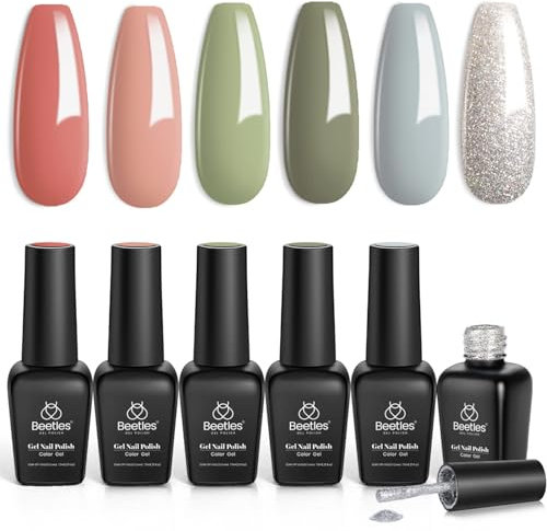 beetles Gel Polish SOUTHERN BELLE Glitter Nude Gel Polish Set - 6 Pcs Coral Green Light Blue Gel Polish Kit Soak off Uv Nail Gel Base and Top Coat Needed Nail Art Design