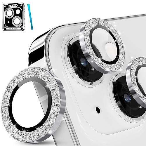 imluckies for iPhone 15 - iPhone 15 Plus Camera Lens Protector Bling, HD Clear Aluminum Alloy Individual Ring, 9H Tempered Glass Camera Back Screen Protection Film, Glitter Silver
