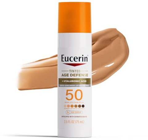 Eucerin Sun Tinted Age Defense Face Sunscreen Lotion SPF 50 with Hyaluronic Acid, Tinted Sunscreen for Face, Blendable Tint for All Skin Tones, Non Comedogenic and Hypoallergenic, 2.5 Fl Oz Bottle