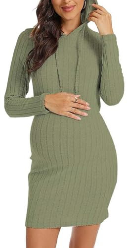 SISAY Robe de Maternité Col Rond Manche Lounge avec Capuche Vintage Mini Robe Pull Moulante en Tricot Casual Robe Sweat Femme Hiver Chic et Elegant Tunique Enceinte Vetement Grossesse et Allaitement