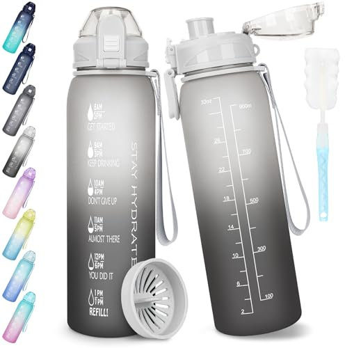 AOPREL Trinkflasche 1l, Wasserflasche BPA-Frei, Trinkflasche Sport Auslaufsicher, Sportflasche mit Zeitmarkierung für Fahrrad, Fitness, Büro, Schule, Yoga, Outdoor(1 Packung)