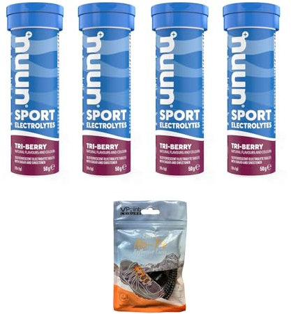 NUUN Sport Elektrolyte Hydration Tabletten – 4 Tuben Elektrolyt-Tabs (insgesamt 40 Tabletten), gebündelt mit einer Packung elastischer, nicht bindender reflektierender Schnürsenkel (Tri-Berry)