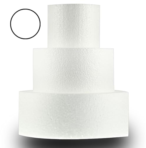 Styropor Torte 3 stöckig - Qualität 12g/l Extra hoch 25,5cm u. breit 22cm - mit rundem doppelseitigem Klebeband - ⌀ 22/16 u. 10,5cm höhe jeweils 8,5cm - CNC Zuschnitt